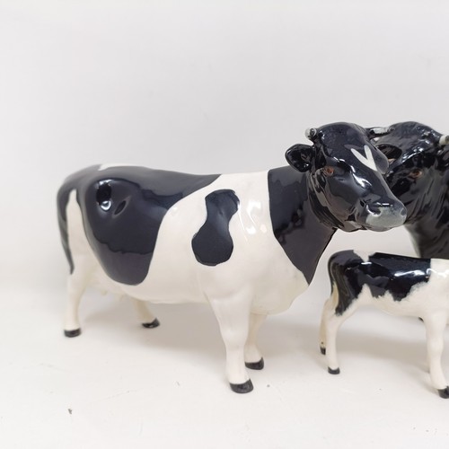 1004 - A Beswick Friesian Cow, 1362A, a Friesian Bull, 1439A, (horn chipped), and a Friesian Calf, 1249C, a...