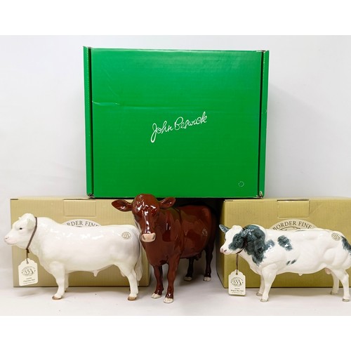 1009 - A Beswick Red Poll Cow, 4111, gloss, a Border Fine Arts Belgian Blue Bull, A4579, and a Charolais Bu... 