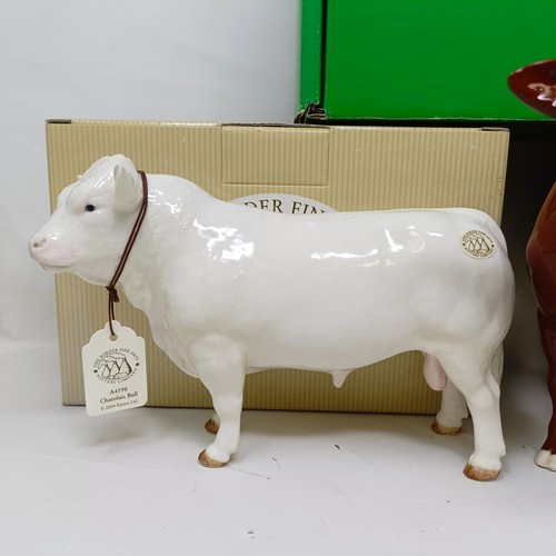 1009 - A Beswick Red Poll Cow, 4111, gloss, a Border Fine Arts Belgian Blue Bull, A4579, and a Charolais Bu... 