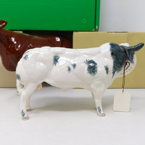 1009 - A Beswick Red Poll Cow, 4111, gloss, a Border Fine Arts Belgian Blue Bull, A4579, and a Charolais Bu... 