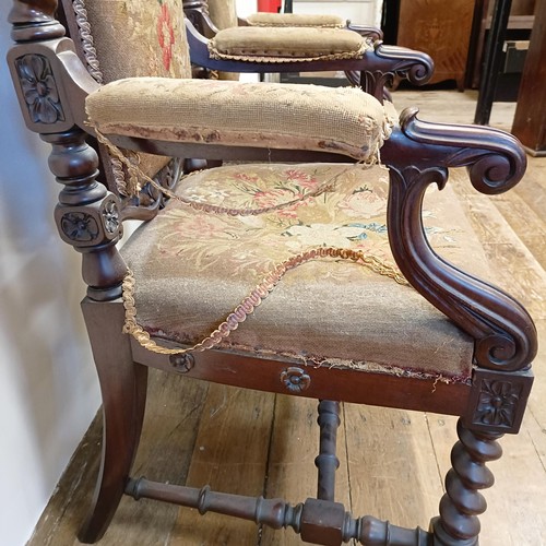 1271 - A pair of 19th century walnut high back armchairs, with carved top rails, spiral turned supports to ... 