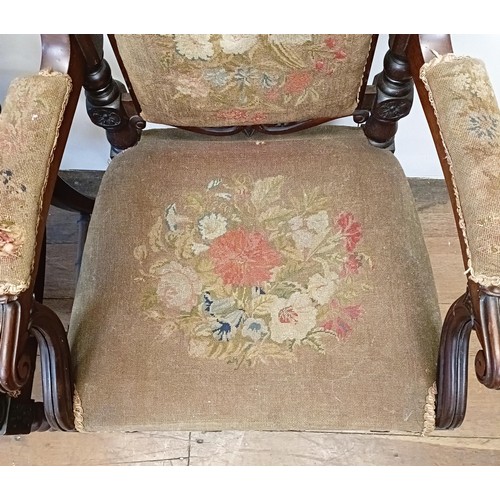 1271 - A pair of 19th century walnut high back armchairs, with carved top rails, spiral turned supports to ... 