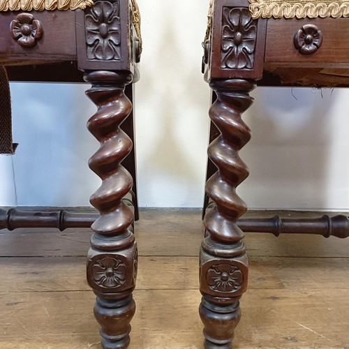 1271 - A pair of 19th century walnut high back armchairs, with carved top rails, spiral turned supports to ... 