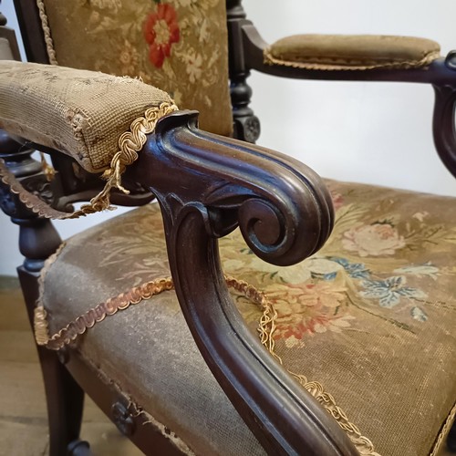 1271 - A pair of 19th century walnut high back armchairs, with carved top rails, spiral turned supports to ... 