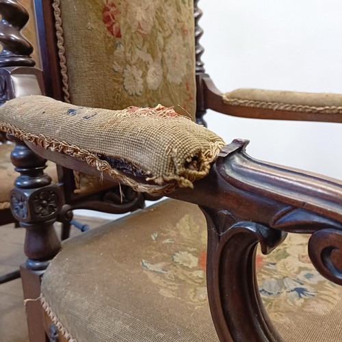 1271 - A pair of 19th century walnut high back armchairs, with carved top rails, spiral turned supports to ... 