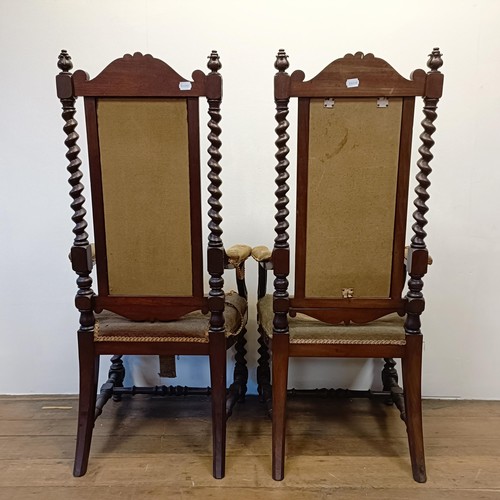 1271 - A pair of 19th century walnut high back armchairs, with carved top rails, spiral turned supports to ... 