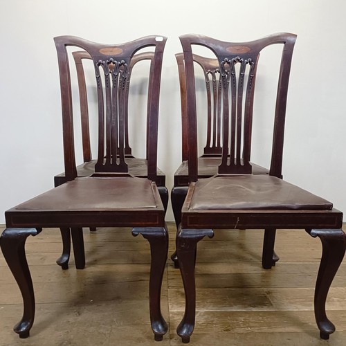 1278 - A set of four early 20th century mahogany and fan inlaid mahogany dining chairs, with pierced splat ... 