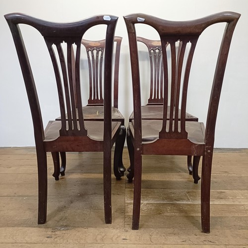 1278 - A set of four early 20th century mahogany and fan inlaid mahogany dining chairs, with pierced splat ... 