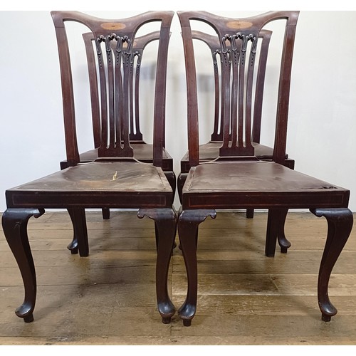 1278 - A set of four early 20th century mahogany and fan inlaid mahogany dining chairs, with pierced splat ... 