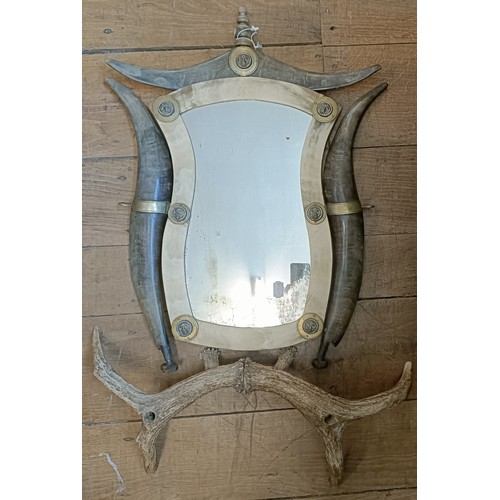 1212 - An unusual horn and antler mounted wall mirror, with gilt metal mounts, 66 x 49 cm