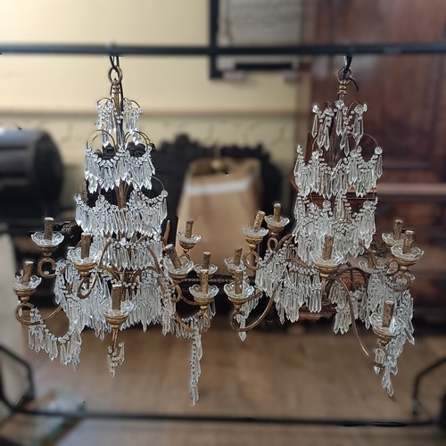 1222 - A pair of gilt metal chandeliers, with cut glass drops, approx. 74 cm diameter 2)