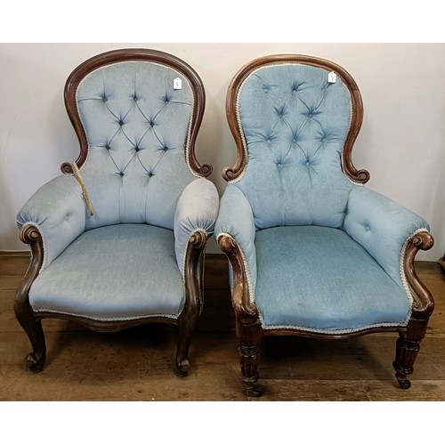 1257 - A Victorian mahogany framed button back armchair, and another similar (2)