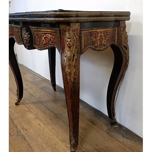 1292 - An early 20th century Boulle folding card table, with a replaced leather top, 85 cm wide