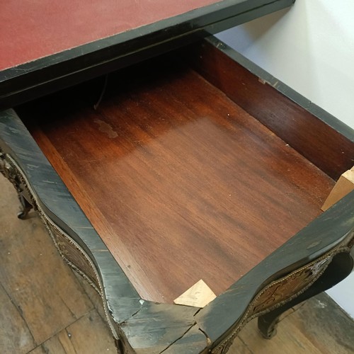 1292 - An early 20th century Boulle folding card table, with a replaced leather top, 85 cm wide