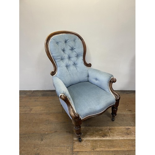 1257 - A Victorian mahogany framed button back armchair, and another similar (2)