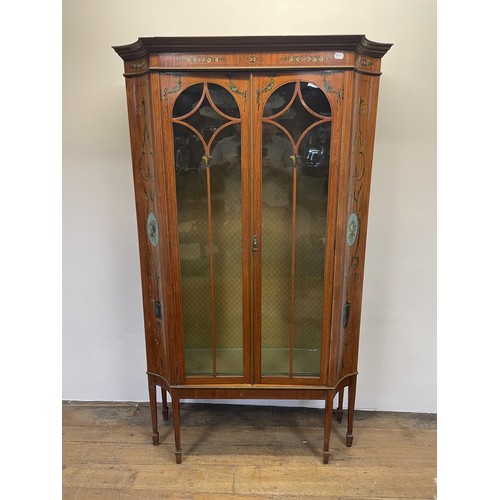 1311 - A Sheraton revival satinwood display cabinet, with painted decoration, 180 cm high x 107 cm wide