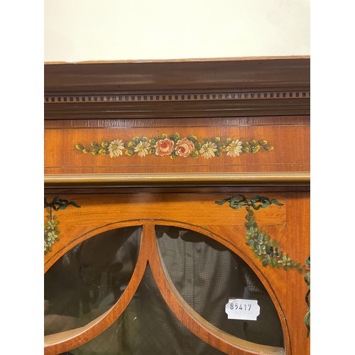 1311 - A Sheraton revival satinwood display cabinet, with painted decoration, 180 cm high x 107 cm wide