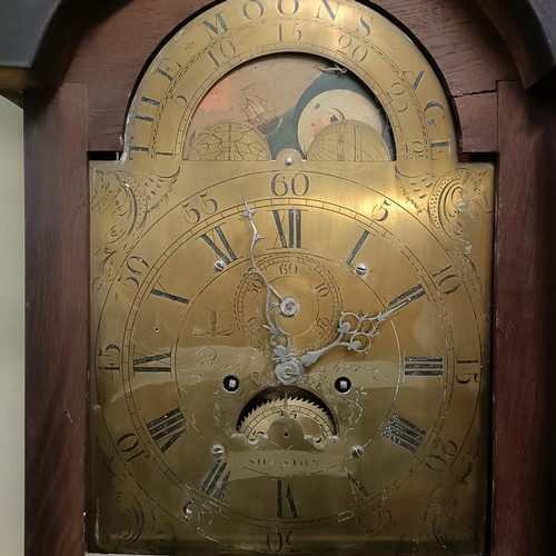 1284 - A longcase clock, with a brass dial, subsidiary date and seconds dial, and a painted moon phase dial... 