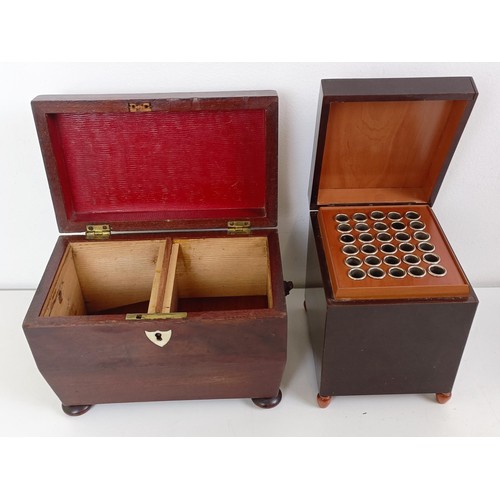 1065 - A mahogany tea caddy, 19 cm wide, other boxes and items (7)