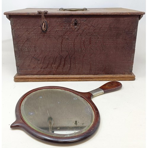 1070 - An oak box, a rosewood hand mirror, assorted silver plate, and other items (qty)