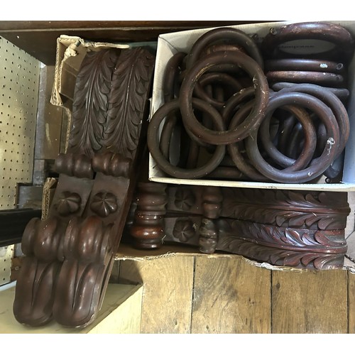 1201 - A pair of mahogany country house curtain poles, with rings, 248 cm wide (qty)