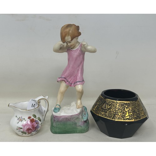 1089 - A Moser glass vase, 11 cm diameter, a Worcester figure, 17 cm high, and a Royal Crown Derby jug (3)