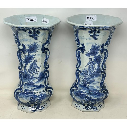 1103 - A pair of Delft vases, 33 cm high, and a Delft plate, 37 cm high (3)