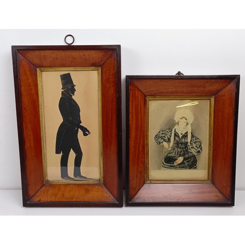 1138 - A bronze tinted silhouette, of a gentleman in a top hat, 25 x 12 cm, and a portrait of a lady, water... 