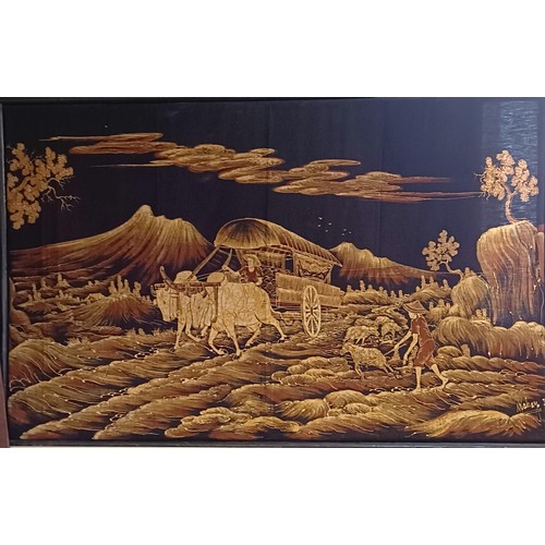 1145 - 20th century, an Eastern lake scene, oil on canvas, 61 x 122 cm, unframed, and a print on fabric (2)