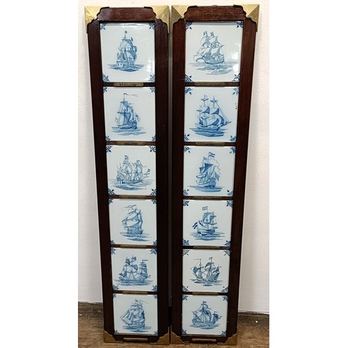 1006 - Twelve Delft tiles, decorated ships, in two mahogany frames, 89 x 20 cm (2)