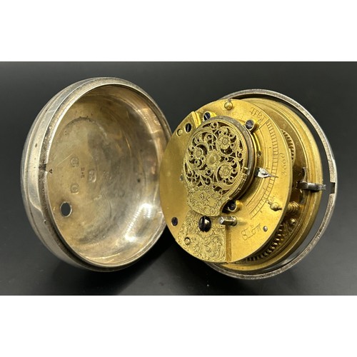 806 - A Victorian silver pair cased pocket watch, the painted dial decorated landscape with fisherman, wit... 