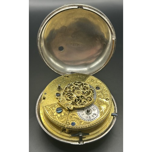 816 - A George IV silver pair cased pocket watch, with conjoined dials for hours and seconds and a fusee m... 