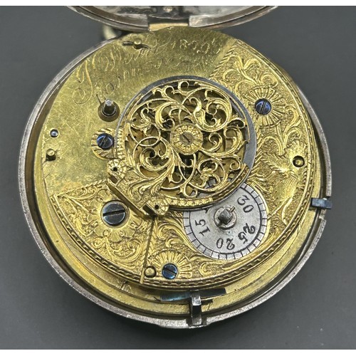 816 - A George IV silver pair cased pocket watch, with conjoined dials for hours and seconds and a fusee m... 