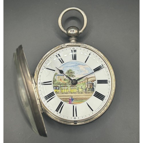 818 - A Victorian silver open face pocket watch, the dial decorated a Stephenson's Rocket type locomotive,... 