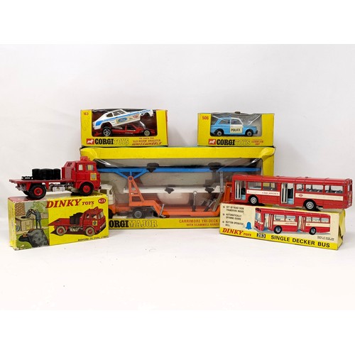 225 - A Dinky Toys single decker bus, No 283, a Bedford TK Coal Lorry, No 425, a Corgi Major model, No 114... 