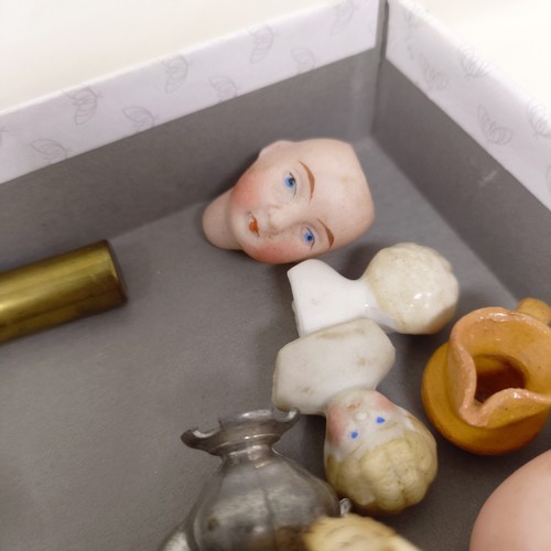 202 - Assorted dolls house furniture and bisque heads (box)