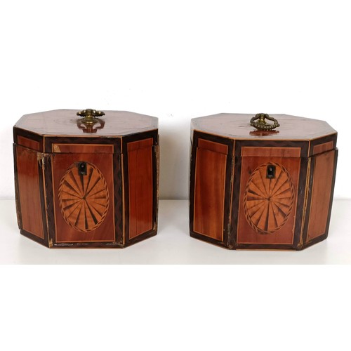 986 - A pair of George III inlaid satinwood tea caddies, of rectangular form with canted corners, 11 cm hi... 