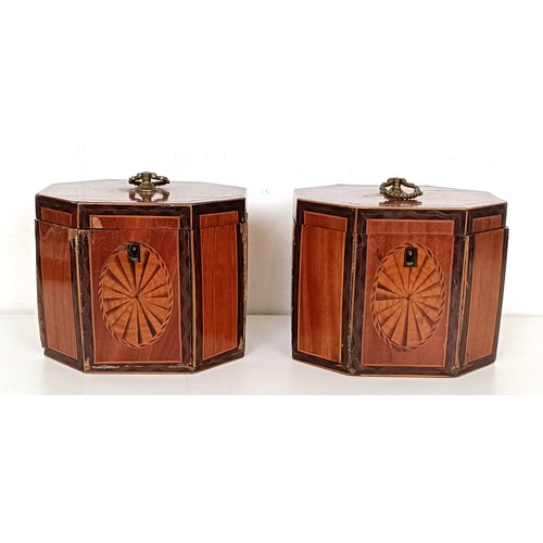 986 - A pair of George III inlaid satinwood tea caddies, of rectangular form with canted corners, 11 cm hi... 