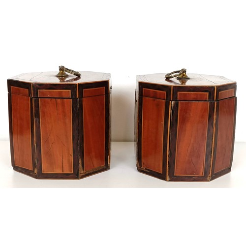 986 - A pair of George III inlaid satinwood tea caddies, of rectangular form with canted corners, 11 cm hi... 