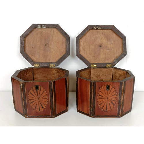 986 - A pair of George III inlaid satinwood tea caddies, of rectangular form with canted corners, 11 cm hi... 