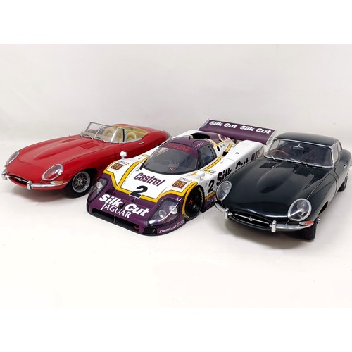 231 - A Motorbox 1:18 model of a Jaguar XJR-9, and two Autoart 1:18 models of an E-Type Jaguar, No 0883, a... 