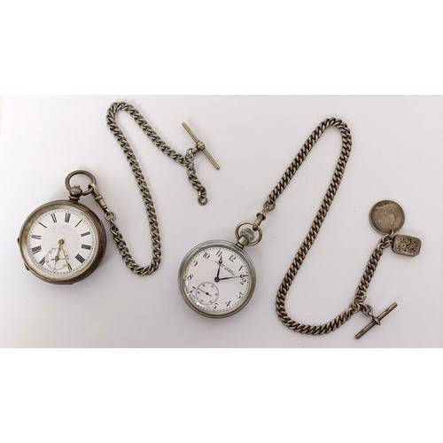 835 - A silver open face pocket watch, with an Albert, a silver plated open face pocket watch, with a silv... 