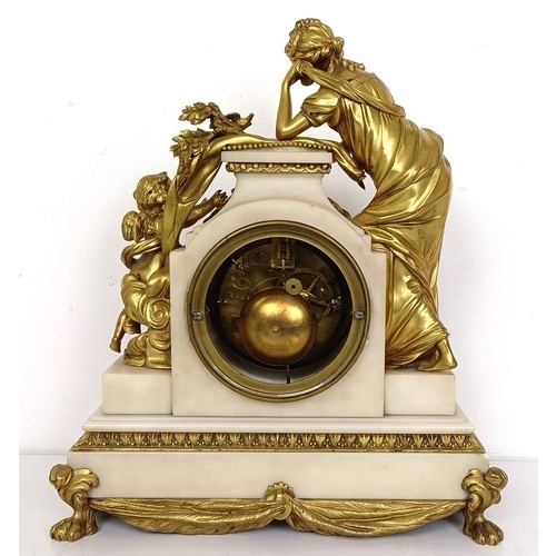 853 - A late 19th century mantel clock, the enamel dial fitted an eight day movement striking on a bell, i... 