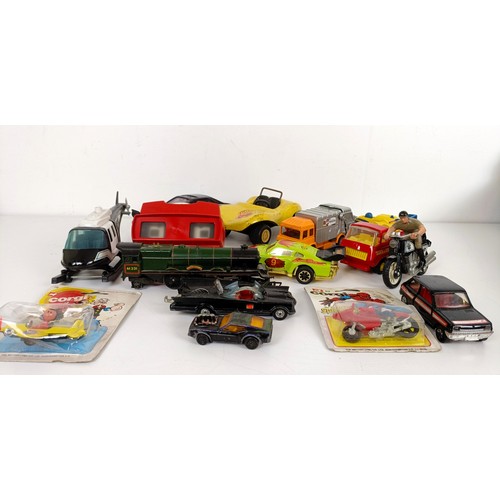 244 - A Corgi Batmobile, a Tonka Beach Buggy, assorted play worn cars and other vehicles unboxed (box)