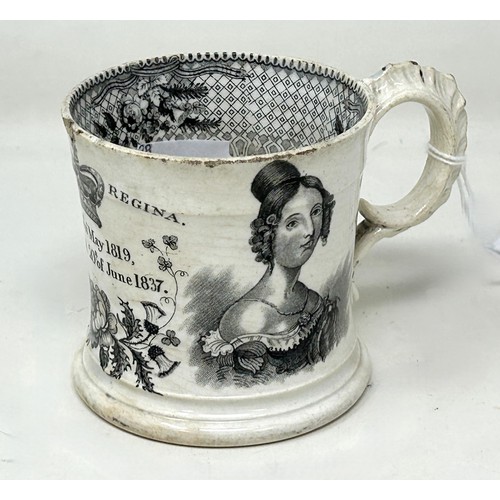 1028 - A Swansea commemorative transfer printed pottery mug, inscribed Victoria Regina, Born 25th May 1819,... 