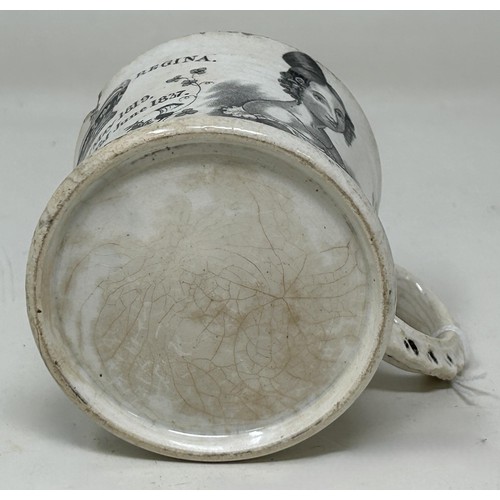 1028 - A Swansea commemorative transfer printed pottery mug, inscribed Victoria Regina, Born 25th May 1819,... 