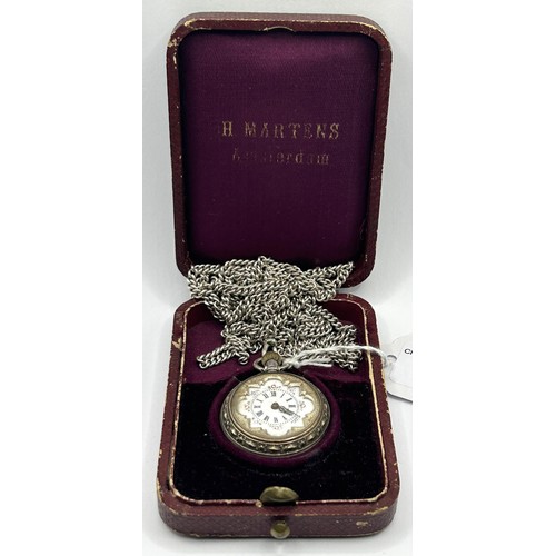 844 - A ladies silver coloured metal fob watch, in an engraved case, stamped .800, in a fitted box, with a... 