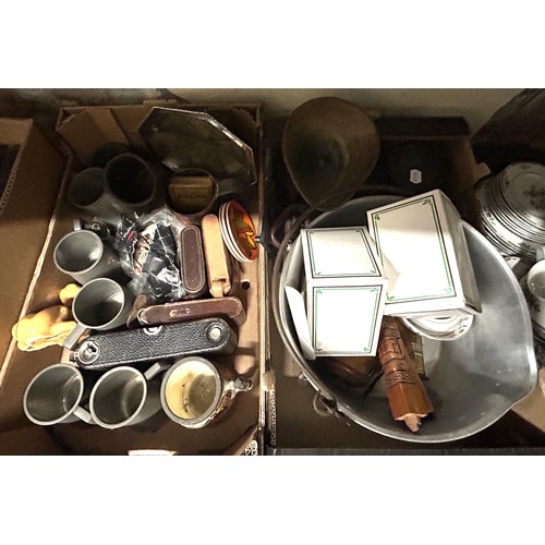 994 - A pewter mug, a set of scales, a carved wooden instrument and assorted other items (2 boxes)