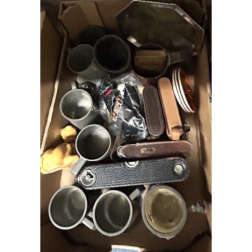 994 - A pewter mug, a set of scales, a carved wooden instrument and assorted other items (2 boxes)