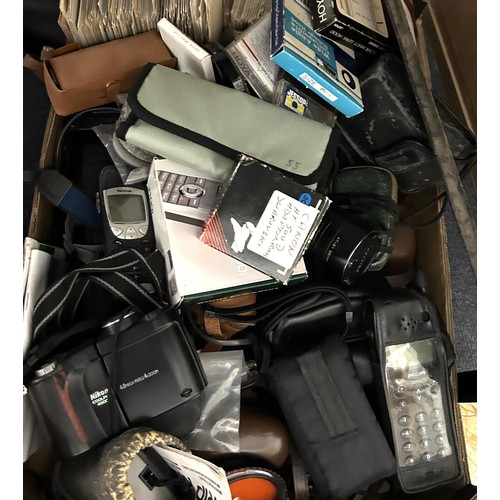 1002 - A Nokia mobile phone, another, assorted cameras, postcards and books (2 boxes) Provenance: Sold on b... 